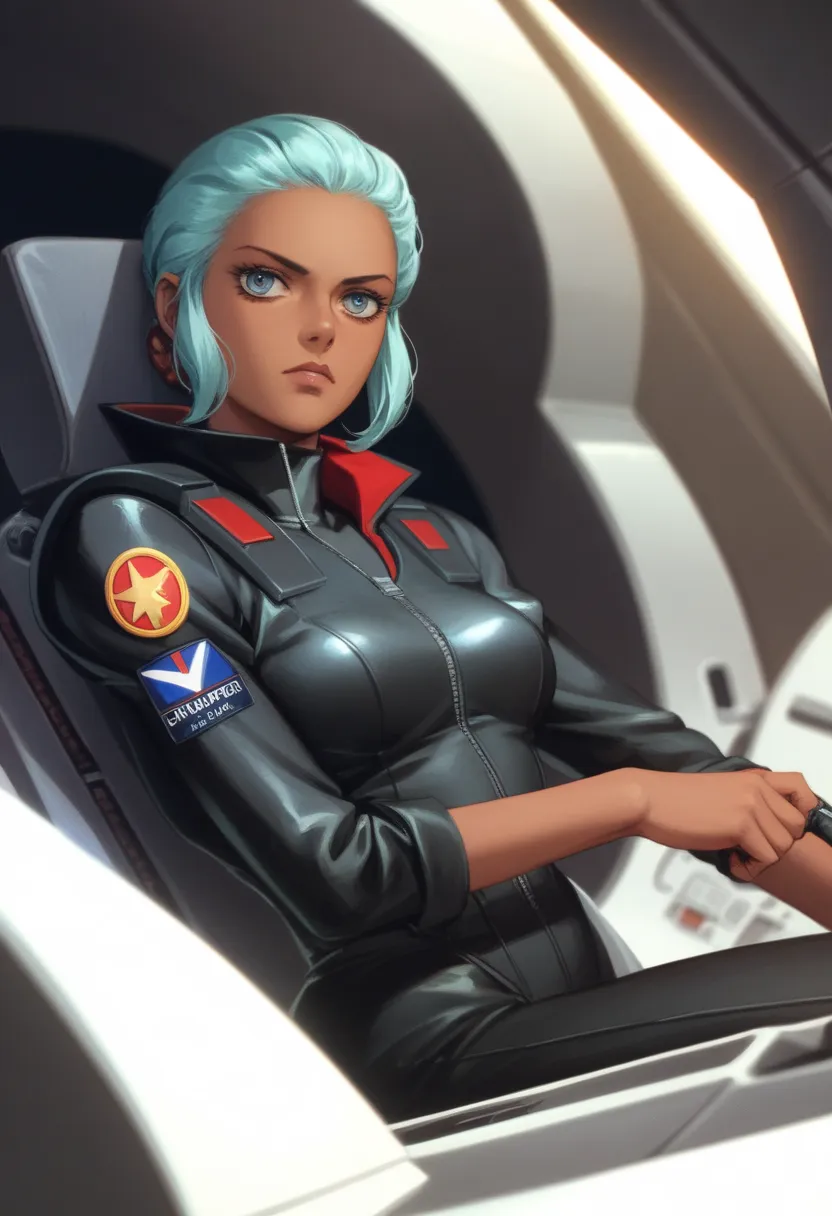 oc, a ace pilot in cockpit view, serious normal woman,black tanned skin,black pilot suit,90’s style.the scene has a dark,war,hor...