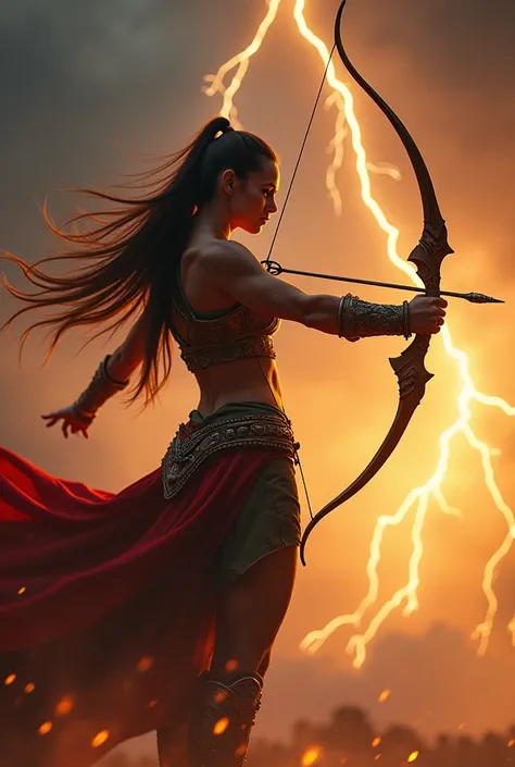 A powerful warrior poised dramatically with a bow drawn, channeling energy as bolts of lightning illuminate the scene. The background is a vibrant gradient of fiery oranges and yellows, suggesting a stormy twilight sky. The warriors muscular figure is acce...