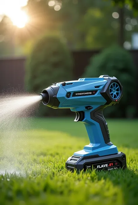 

 Visual Description : An image of the portable power washer that uses a battery and looks like a gun in action cleaning a yard, with a powerful water jet and no cables in sight .  Use fresh colors such as blue and gray to reinforce the image of cleanline...