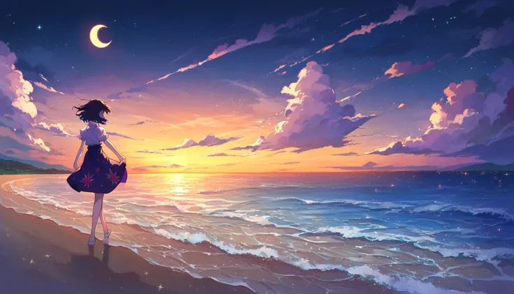 score_9, score_8_up, score_7_up, score_6_up, source anime,
beach at night, scenery, starry sky, star (sky), sky, shore, ocean, night sky, night, beach, horizon, city lights, cloud, water, moon, crescent moon, waves, sunrise, twilight, light particles, walk...