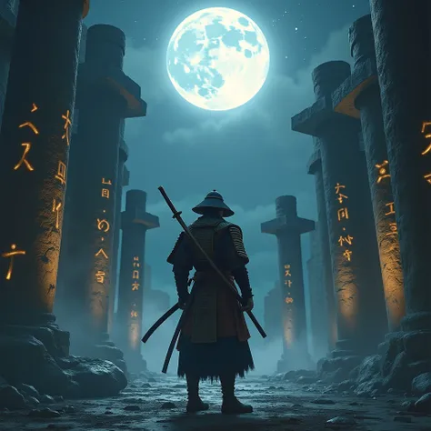 A samurai warrior stands in the center of a moonlit clearing, facing the full moon. His sword, glowing, is secured to his back, its light contrasting with the darkness around him. The ruins of towering stone pillars surround him, each one etched with glowi...