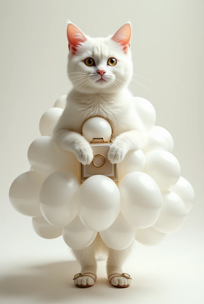 Real cat patali si lambi white color ki cat balloon dress pahani Hui balloon se Bane hue dress pahani Hui hath mein bag hue niche sandal pahne hue slatycolor ki dress pahani Hui