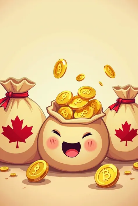 Gold coin bags，There is a maple leaf logo on the bag，Cartoon Q version style，A single bag ， gold has a mushroom logo on it