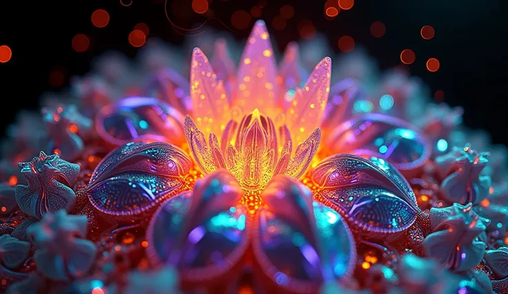 Vibrant, abstract video showcasing a microscopic 3d view of citric acid crystals. The style is highly colorful, with a layout that features a dazzling array of geometric patterns. Patterns repeats the full face of a Hindu goddess. The crystals display a sp...