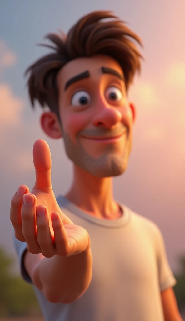 A man holds out his hand, showing a finger. Pixar style 