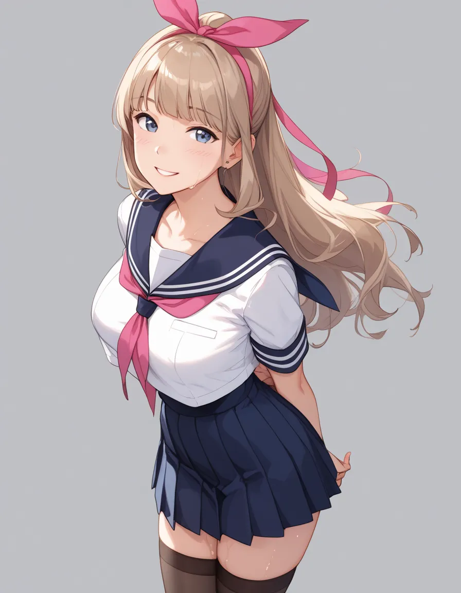 mother、 ample breasts、 white sailor suit、 navy blue pleated skirt 、arms behind your back、light brown hair、half up do、pink ribbon...