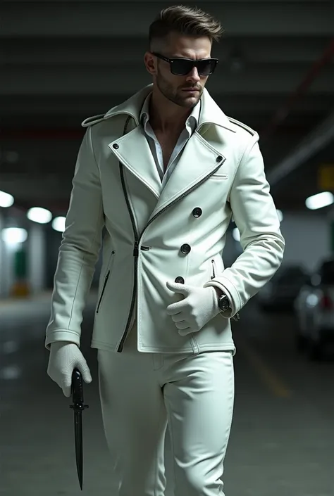 A man in sunglasses wearing white leather pants and white leather pants and leather gloves takes a knife out of a white leather jacket in an underground bicycle parking lot