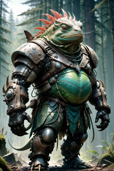 photorealistic portrait of Dressed animals - a ((fat)) iguana warrior,(brave pose), high quality,(art by Carne Griffiths ) ,intricate detailed giant mechanical arms, highly detailed ((mechanical armor) ,,highly detailed armor, forest background , (brave), ...