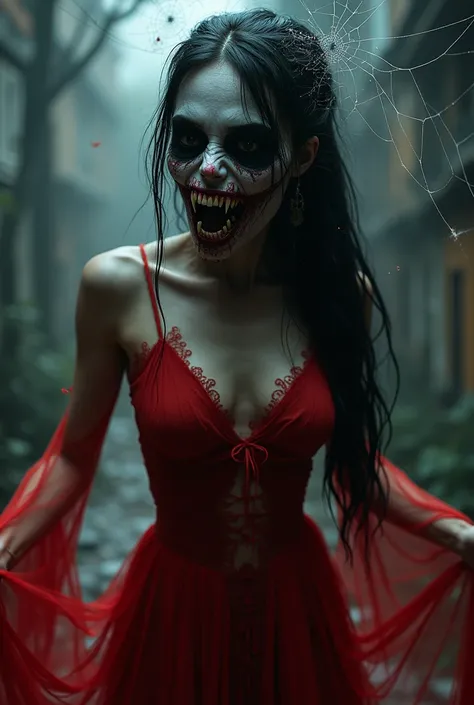 Image of a horror ghost wearing a sexy red dress full of Asian style, the ghosts face is full of fangs, no eyes or nose, surrounded by countless spider webs, dark colors evoke horror, realistic image 4k