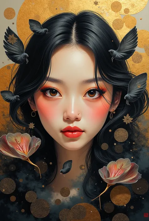 Face Thai woman fusion of oil painting and watercolor painting, best quality, super fine, 16k, incredibly absurdres, extremely detailed, delicate, flashy and dynamic depiction, a work of art depicting several kinds of black creatures, cool, cute, complete ...