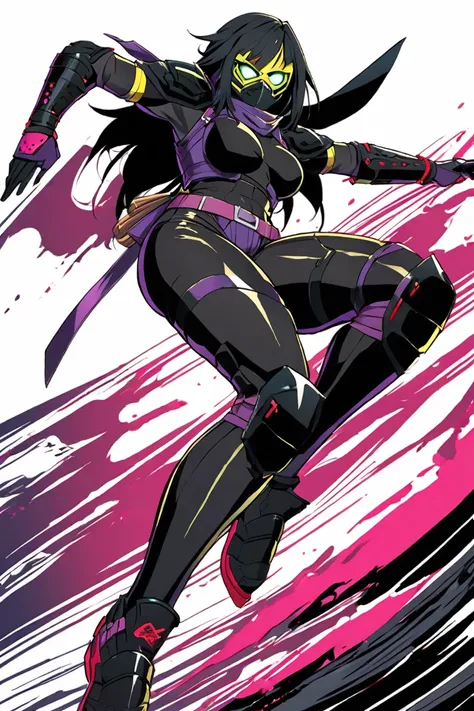 female ninja that could appear in the cyberpunk ninja action novel "Ninja Slayer", (white background illustration), ((full-body illustration)), wearing tactica ninjal mask, Shiny black ninja outfit made from stealth material, A special ninja outfit with ar...