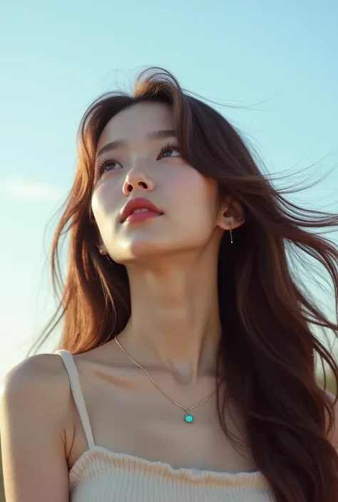 arafed woman with long brown hair looking up at the sky, kiko mizuhara, dilraba dilmurat, sha xi, xintong chen, cindy avelino, sun yunjoo, jisoo of blackpink, xision wu, jossi of blackpink, leaked image, li zixin, portrait jisoo blackpink, jisoo from black...