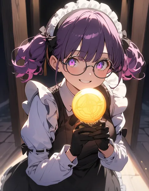 Long purple hair ,  wear maid clothes , round glasses, Front Light ,Cute 2D, Front lighting 、( for a woman with bristles、masterpiece、 high definition 、 Details)、animeスタイル、 Flat Style 、(Shining Eyes、 Details美しい顔),  1 girl、extremely  Details、(The Shining),  ...