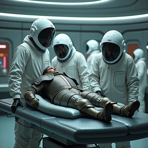 Scientists in astronaut outfits examine on a table a knight in medieval full armour lying on the medical table in a futuristic laboratory 