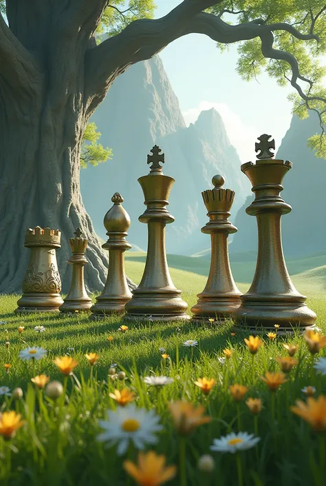 Chess pieces next to spring fields, which are half the size of trees 