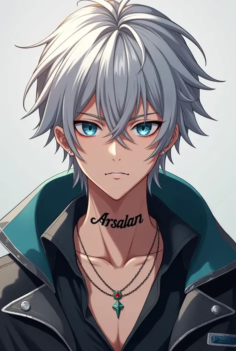 Anime, 20 years old male, Silver Hair, Blue Eyes, Tanned Skin colour, Serious look, Aesthetic look, 8k,High Quality, High Resolution, A Tattoo at Neck named " ARSALAN " 