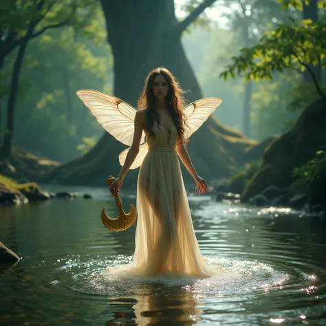 masterpiece of fantasy cinematic, full body forefront a fairy beauty girl stand on river surface like floating, near big ancient tree in the woods, she have long hair, graceful look in transparent clothes, holding shining gold hand axe, soft light, high de...