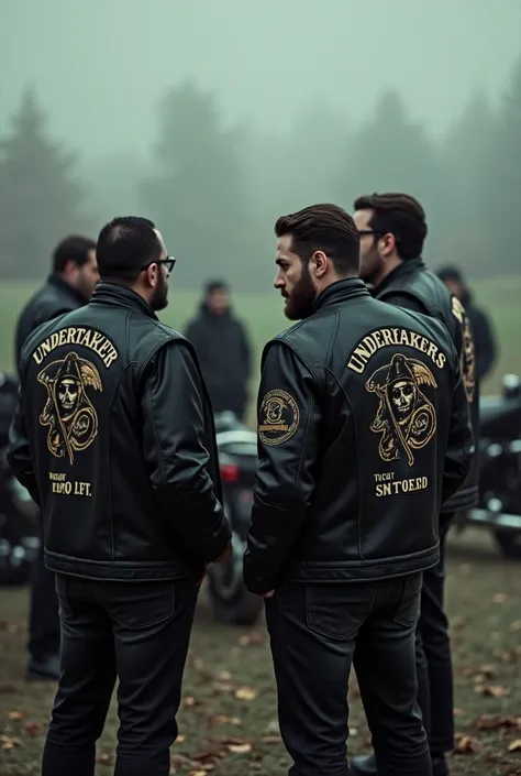 Generate me a group of cult people 5/6 wearing jacket like a software engineer motorcycle club, they are called undertaker. Their jacket have this name undertaker , in Streams Tech ltd. Like sons of anarchy in an open place with bikes talking gossiping . N...