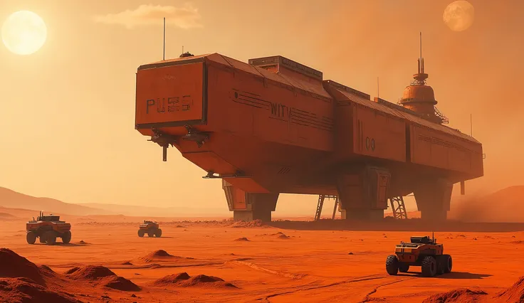  Cargo spacecraft ,  landing on a red desert planet ,  angular industrial design with container modules,  massive landing supports immersed in sand , dust storm on the horizon ,  two dim suns in the sky ,  loader robots work at the base of the ship ,  engi...