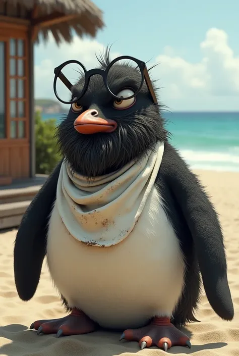  Create an avatar of an alcoholic pongo penguin ,  with the body of a black penguin and with a white belly ,  with an unkempt beard and with the glasses resting on the head.  Make it angry with a bit of a bib . Do it with a beach house background 