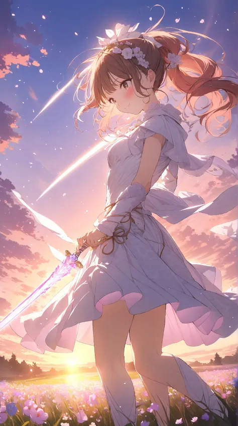 1 girl, ( cute face),  ponytail, to many hairstyle, (blush:1.2),  medium breasts,  Magical Swordsmans Armor , Glowing Sword,  Pottery skin ,  Cowboy Shot, break,  Shining Magical Energy, ( Soft Light:1.2), Gentle Shadow , break,  Beautiful Sunset Sky , Flo...