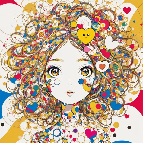 Masterpiece　Golden Ratio　Takashi Murakami style, Simple line initials，Abstract art，Kawaii Design, The most beautiful girl of all time,Bob hair background is stardust, Colorful Hearts　logo