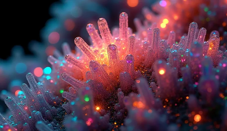 Vibrant, abstract video showcasing a microscopic 3d view of citric acid crystals. The style is highly colorful and kaleidoscopic, with a layout that features a dazzling array of geometric patterns. Patterns repeats the images of snakes. The crystals displa...