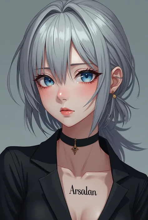 Anime, 20 years old female, Silver Hair, Blue Eyes, Tanned Skin colour, Serious look, Aesthetic look, 8k,High Quality, High Resolution, A Tattoo at Neck named " ARSALAN "