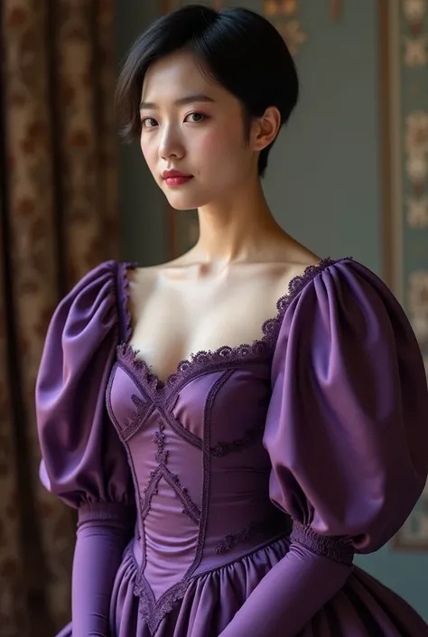 A Korean man in ladies victorian dresses, he is crossdresser, big breasts like a woman, slender female body, His hairstyle is short and manly, long sleeves, purple, vintage dress, rococo dress, silk, satin