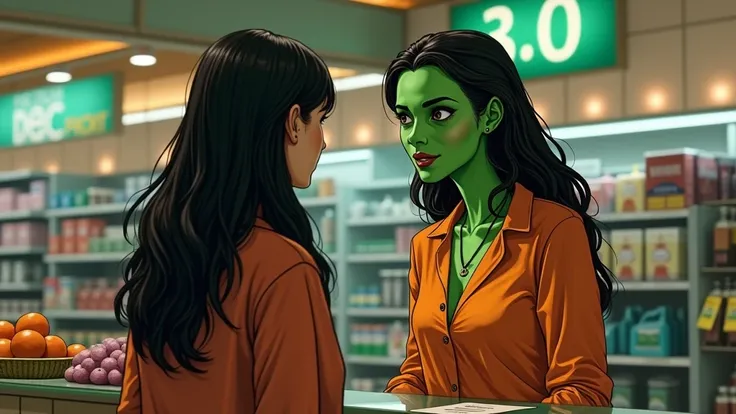 a sexy green alien cashier girl with detailed deep  face, long hair, wearing orange shirt, at the counter and the human Man came there. both are talking