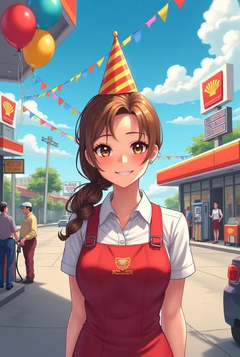 Happy birthday gas station attendant light-haired brunette woman at the gas station 

