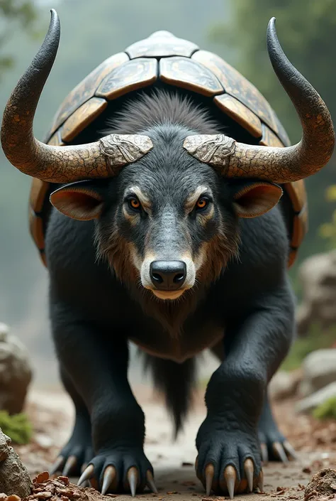 Create a realistic 4k portrait with high quality, a hybrid creature, between a wolf, a bull and a turtle, make a hybrid creature from the three animals.