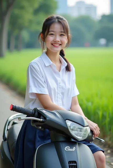 prompt : a young Asian girl, seated on a black scooter, smiling at the camera. She is dressed in a short-sleeved white button-down shirt and a navy blue skirt. Her hair is pulled back in a ponytail, adding a pop of color to her face. The scooter is parked ...