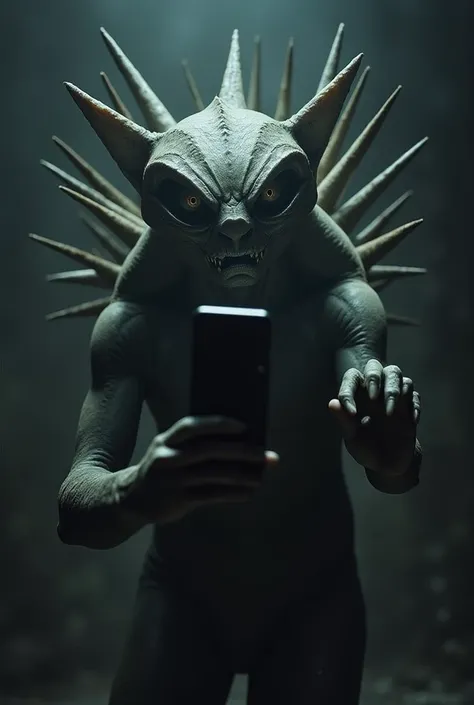 "DeePole, looking at the camera, takes a selfie, revealing sharp spikes and spines behind its back."
