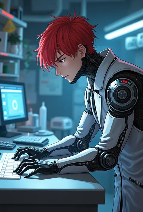  anime style、 cyborg、 red hair,  handsome、Research Room、male、White