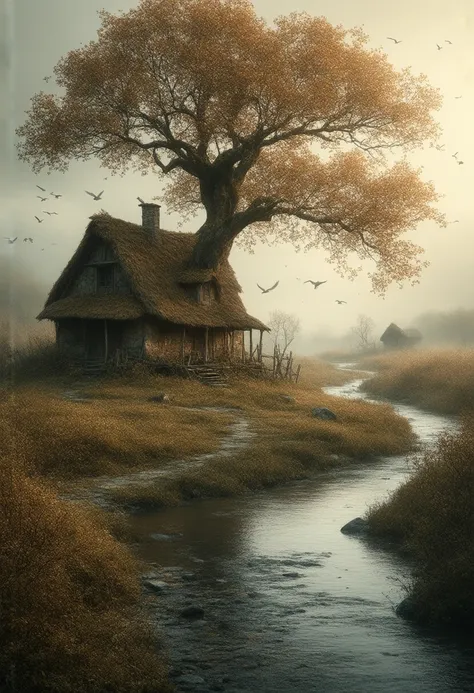  Real life style , A house in the village,  next to the house is a large tree ,  on which storks nest, a river flows back to the house , Season: Autumn