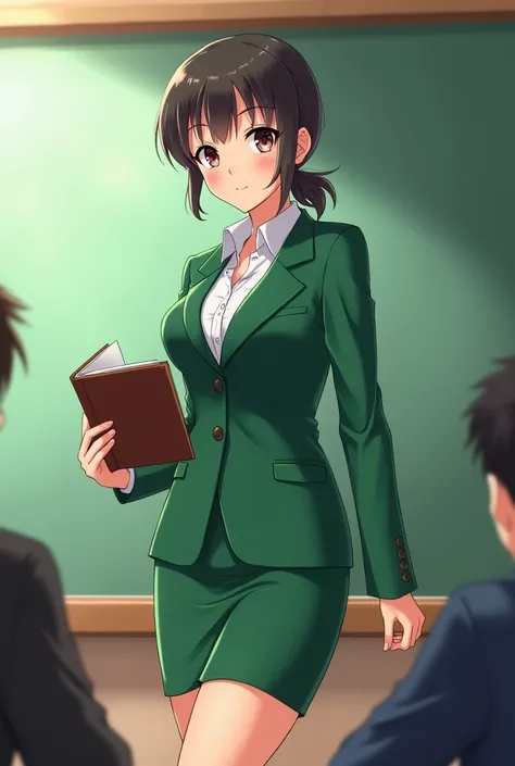 Female anime teacher wears a green suit while holding a book and there are legs
