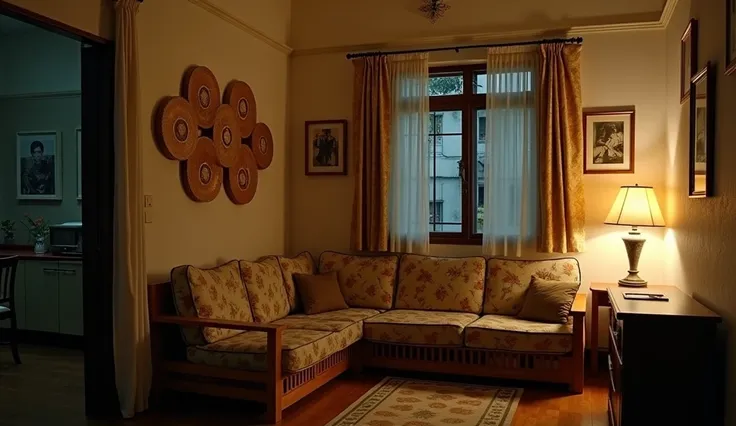 Create an interior scene showing only the walls of a middle-class living room in urban Vietnam from the 1960s or 1970s, at night. The walls are decorated with traditional Vietnamese décor elements such as woven bamboo wall hangings, simple floral-patterned...