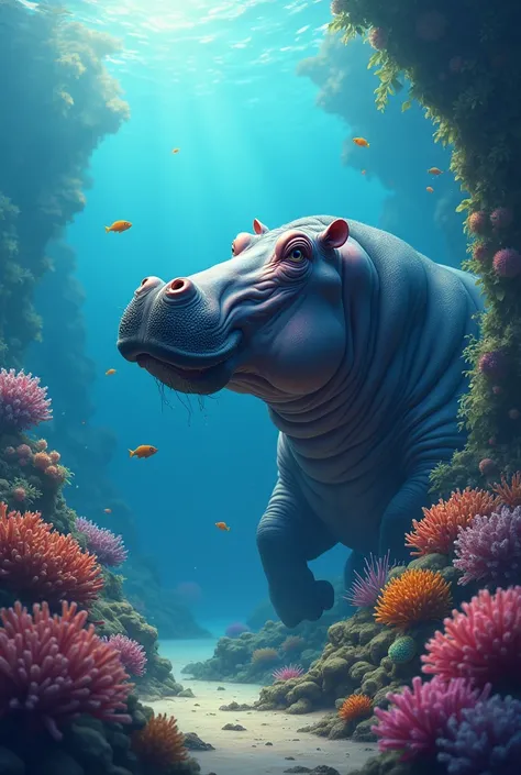 Créer moi un hippocampe avec une tête d’hippopotame coincée dans un corail 🪸 sous l’eau 