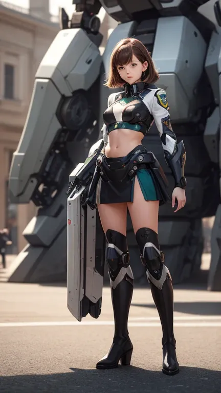 Photo of a nerdy 2 woman standing infront of an exceptionally large heavy mecha in the background. super_mecha in the background, (22 years old woman), medium breast, small waist, brown hair, green eyes, perfect illumination, beautiful detailed, full body,...