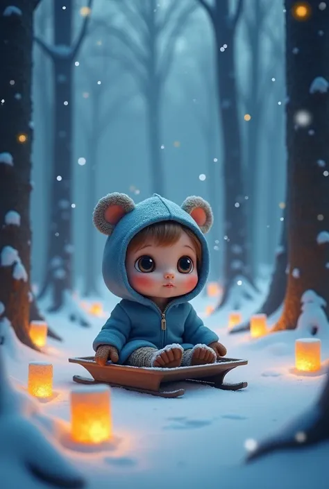 A whimsical winter scene featuring a -like character with large, expressive eyes, wearing a cozy, blue hoodie adorned with bear ears. The character is sitting in a small sled, surrounded by a snow-covered forest illuminated by soft, warm lights resembling ...