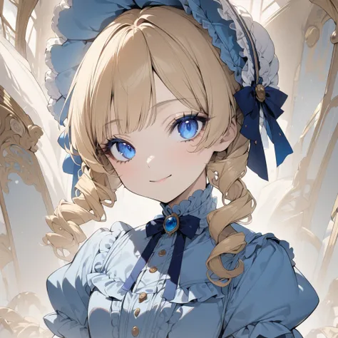  shot showing the upper body、Blonde hair,sidecurls,curls,blue eyes,long eyelashes,light blue victorian dress,puffy short sleeves,frilled dress,collared dress,frilly wide brimmed Bonnet with bows,Fringe bangs ,bustshot,masterpiece,highress,soft smile,bishou...