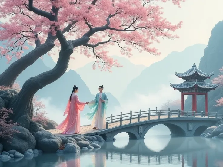 a couple of Chinese people, wearing (ancient delicate pastel-colored traditional suit), walking on an ancient bridge under a large tree with a few cherry blossom, in the style of serene atmosphere, snow, mountains, clouds, mist, (Asian-inspired setting), (...