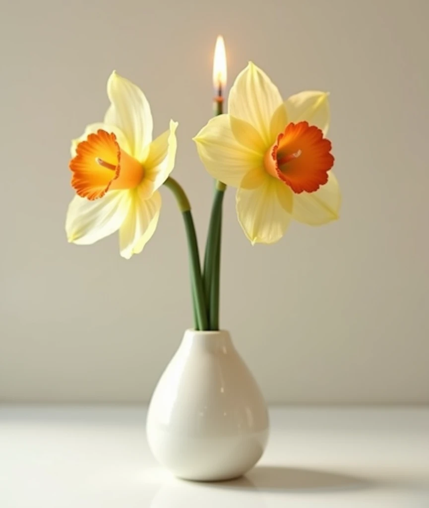 The flower leaves are round, light beige, and the flower stamens make an apricot and light yellow daffodil into a candle and create an image of the candle being placed in a thin, long, white ceramic vase.