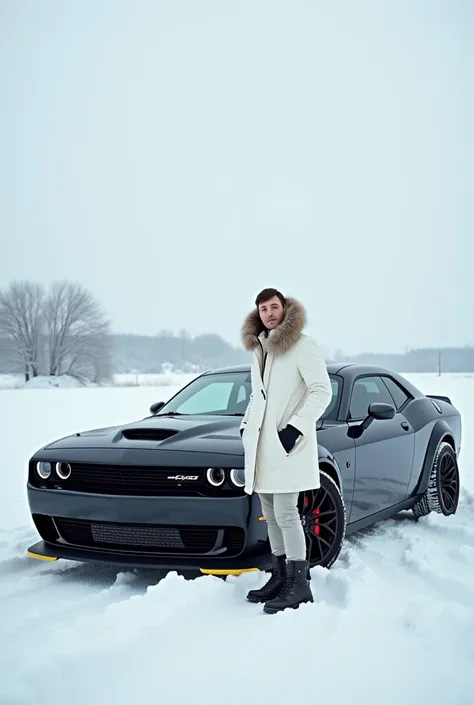 A picture of a white person standing near a white and black Dodge Charger Hellcat car and the background is snow
