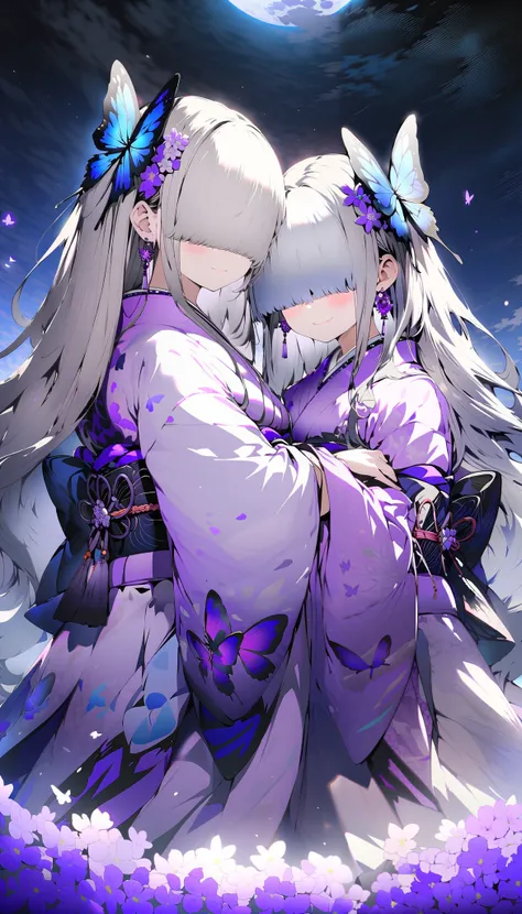 2girls, (twins:1.5), long hair, black hair, looking at another, blush, smile, medium hair, white hair, closed mouth, jewelry, (full body:2.0), outdoors, earrings, japanese clothes, hair flower, (hair over eyes:2.0), sash, obi, bug, animal print, night sky,...