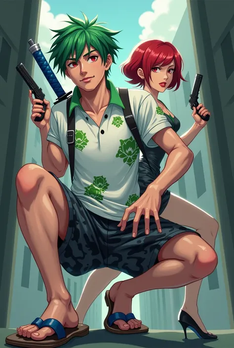 Male , Missy short hair green color ,white polo with green flowers ,have red eyes ,wearing flipflop, black short gray camo, katana blue handle on his back. Female sexy secretary ,red hair,shoes,red eye, holding pistol. Crouching and standing in the tower ,...