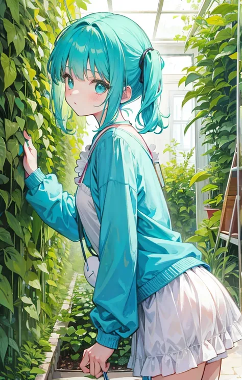 Sweet  Loli ， turquoise, three ponytails and soft clothes， vegetable garden plants. Clover anthropomorphic 