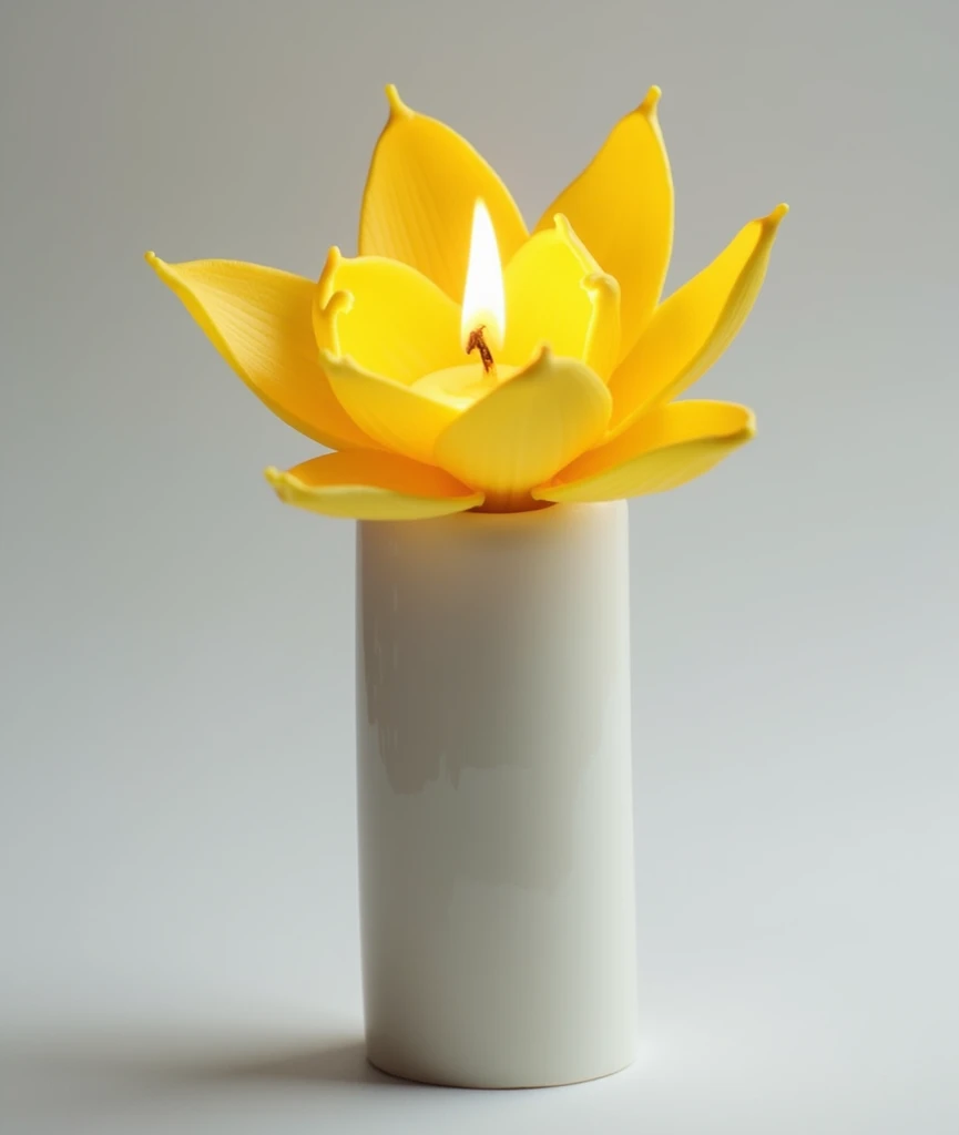 Turn a daffodil into a candle and place that candle in a long, thin, white ceramic vase