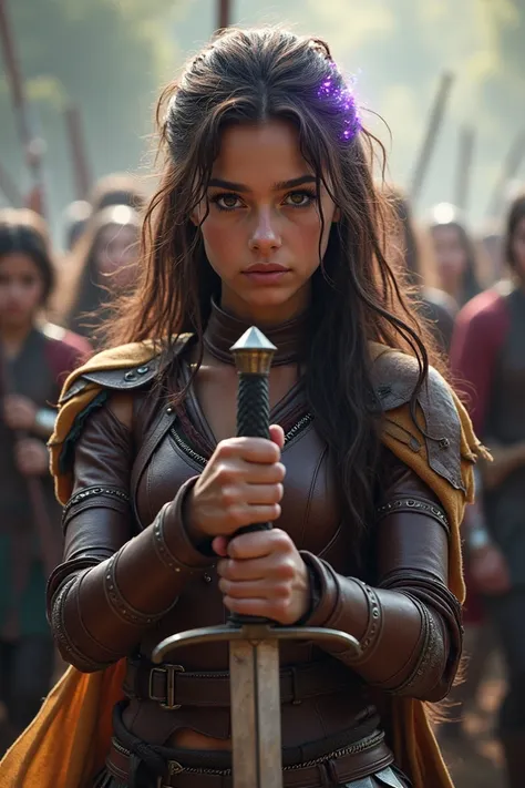 A 20-year-old warrior girl ,  with long and tangled hair of a rich brown color ,  shimmering purple and blue sparkles that reflect her bold and rebellious personality. His leather and metal armor,  adjusted to her athletic figure ,  highlights her determin...